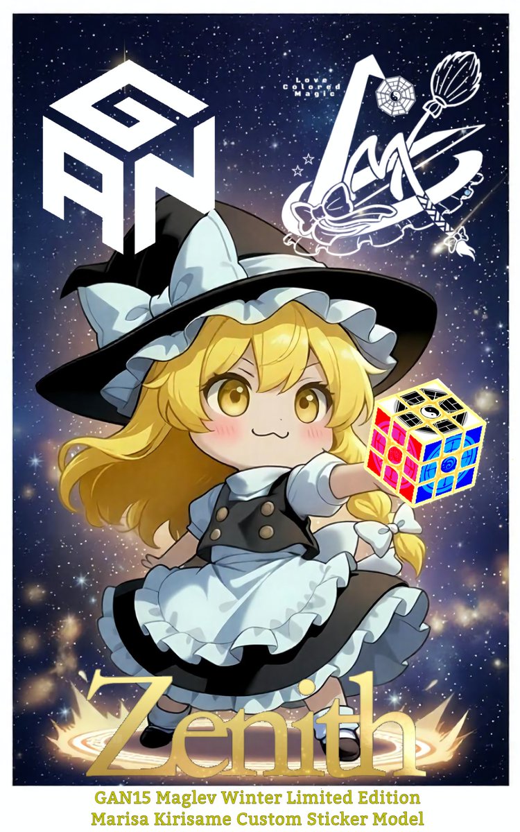 gamrin_kick's tweet photo. 上海アリス幻樂団の東方Projectに登場する霧雨魔理沙をイメージしたキューブステッカーを製作して、GAN CUBEのGAN15 Maglev Zenithをカスタマイズしました！

#ルービックキューブ
#GANCUBE
#東方Project
#霧雨魔理沙 https://t.co/Rfx1Ma1tIZ