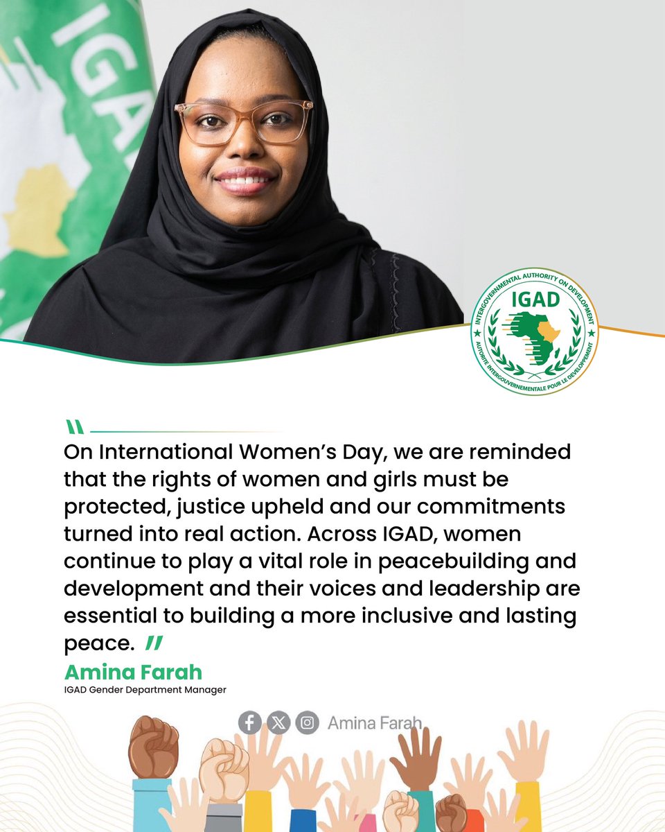 Celebrating women’s leadership across IGAD this International Women’s Day. Our Gender Manager Amina Farah (<a href="/xubbifarah/">Amina Farah M.</a>), reminds us that protecting rights, upholding justice and turning commitments into action is everyone’s responsibility.

#IWD2026 #WomensRights #GenderEquality