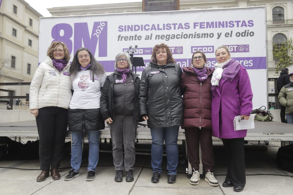 CCOO's tweet photo. @CarolinaVidal_L @RevTrabajadora @CCOOMadrid @palomalopezB @reporterortega 🟣 Frente a su odio, nosotras ponemos nuestra alegría. Frente a sus ganas de destruir, nuestra capacidad de construir.
#8M2026 #8MCCOO #FeminismoSindical #PoderDeLasMujeres #PoderQueConstruye https://t.co/3k9URDRXuT