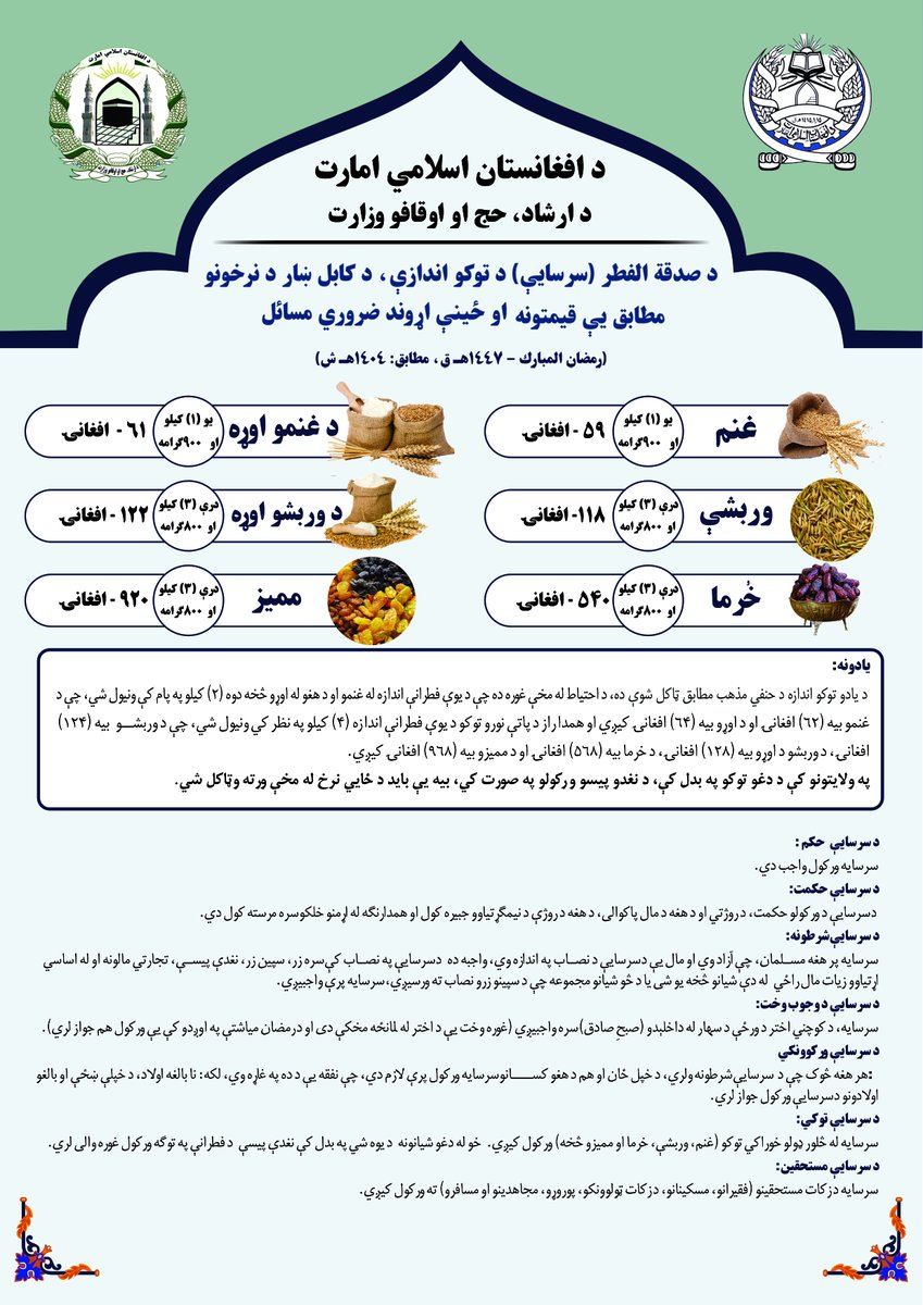 mohiaAfghan's tweet photo. د صدقة الفطر (سرسایې) د توکو اندازې، د کابل ښار د نرخونو مطابق یې قیمتونه او ځینې اړوند ضروري مسائل! https://t.co/sD2Cn3YnlT
