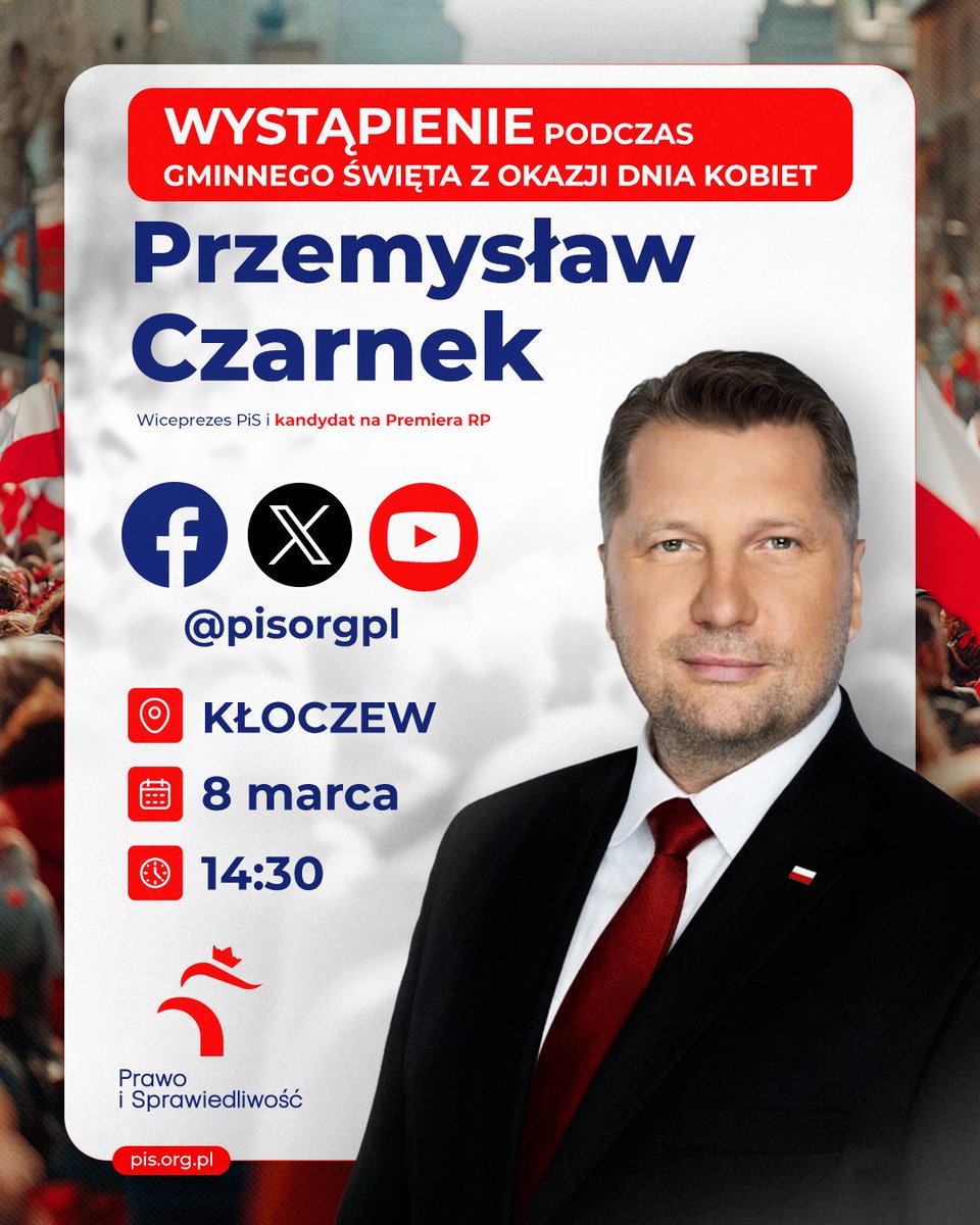 📢 O godz. 14:30 zapraszamy do oglądania wystąpienie Wiceprezesa PiS i kandydata na Premiera RP <a href="/CzarnekP/">Przemysław Czarnek</a> podczas gminnego święta z okazji Dnia Kobiet 🌷. 
🎬 Transmisja w naszych mediach społecznościowych 👉 <a href="/pisorgpl/">Prawo i Sprawiedliwość</a> 🇵🇱
👉 Podaj dalej.