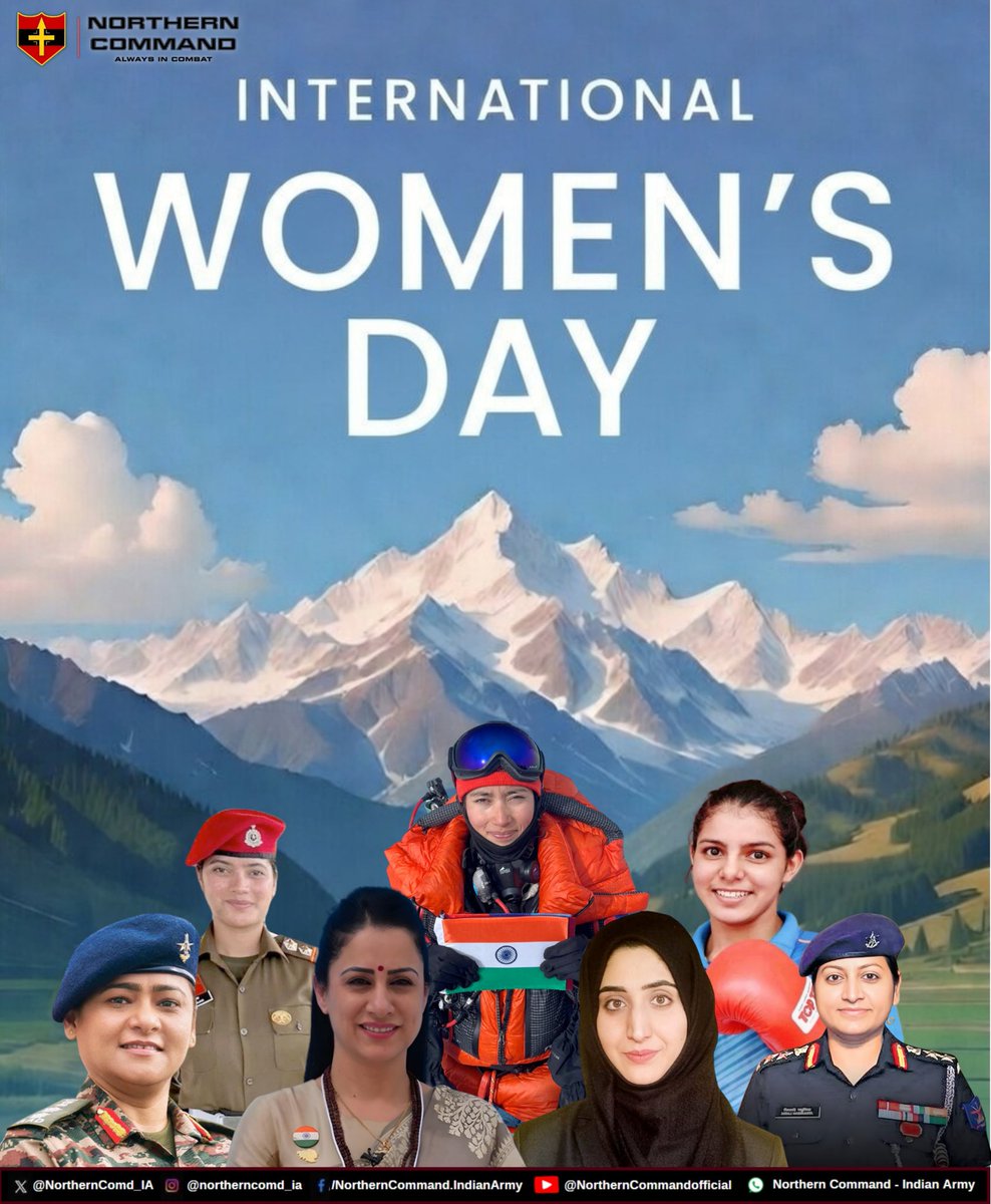On the occasion of International Women's Day,  #NorthernCommand salutes the spirit of #NariShakti manifested in their service and support to the #Nation.
We draw inspiration from your strength, dedication &amp; resilience.
<a href="/adgpi/">ADG PI - INDIAN ARMY</a>
<a href="/MinistryWCD/">Ministry of WCD</a>
<a href="/firefurycorps/">@firefurycorps_IA</a>
<a href="/ChinarcorpsIA/">Chinar Corps🍁 - Indian Army</a>