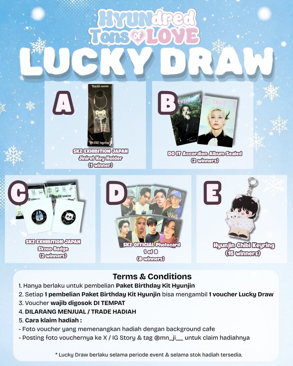 ♡⃛⋆⁺₊ 𝑯𝒀𝑼𝑵𝒅𝒓𝒆𝒅 𝑻𝒐𝒏𝒔 𝒐𝒇 𝑳𝑶𝑽𝑬  ♡⃛⋆⁺₊
               Hyunjin Birthday Cafe

        🎁‼️LUCKY DRAW EVENT‼️🎁

⋰˚♡ Sugar Bloom Atelier
⋰˚♡ 14th March – 28th March 2026

            >> Read TnC on the pic <<

Show your love for Hyunjin on his special