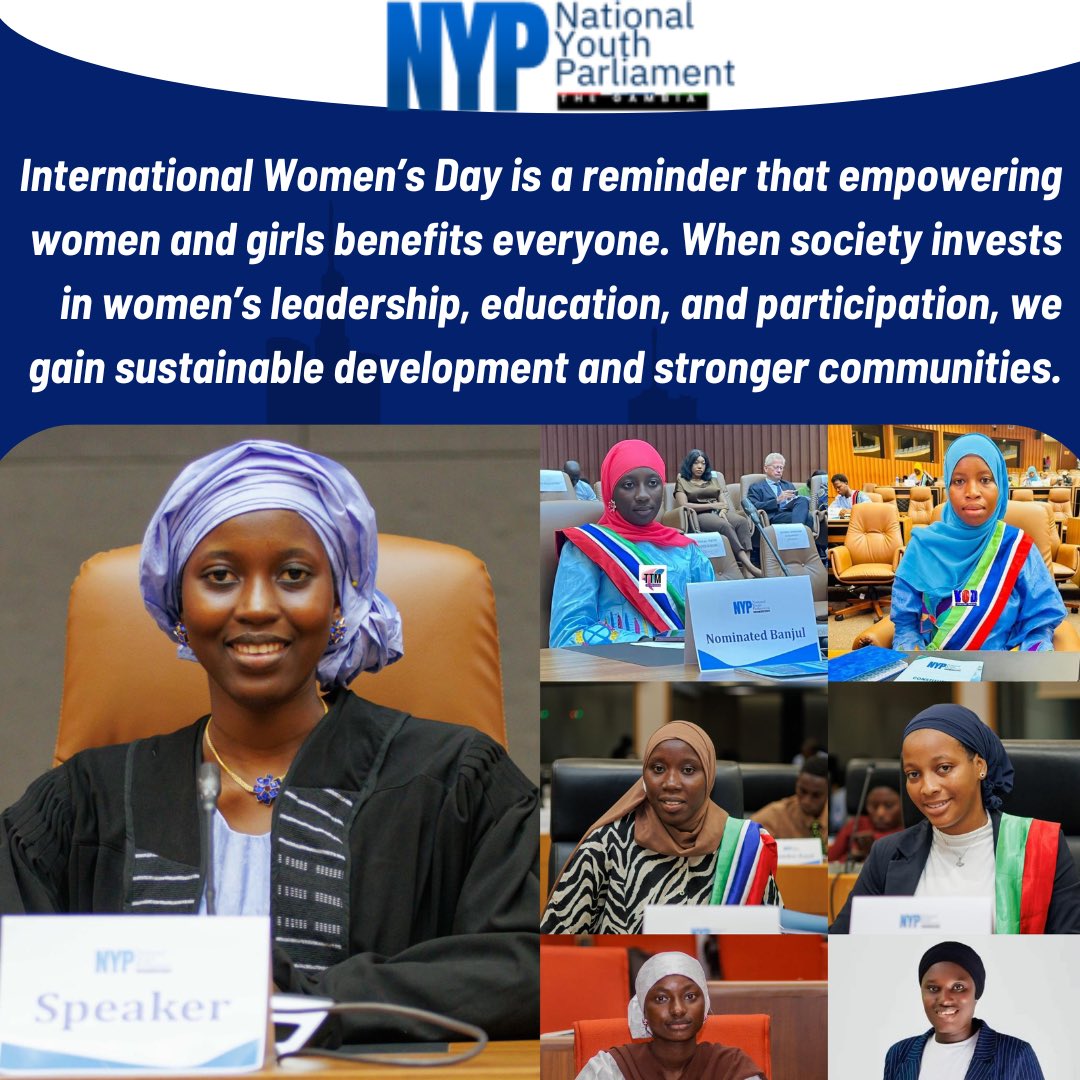 GambiaNYP's tweet photo. HAPPY INTERNATIONAL WOMEN’S DAY🤵‍♀️🎊🥳

On this day, the National Youth Parliament-The Gambia highlights the theme “Give to Gain.” 
Empowering women voters and supporting women in political leadership strengthens democracy and ensures inclusive decision-making.🥳🙌🤝❤️••! https://t.co/5zLdUhT4AY