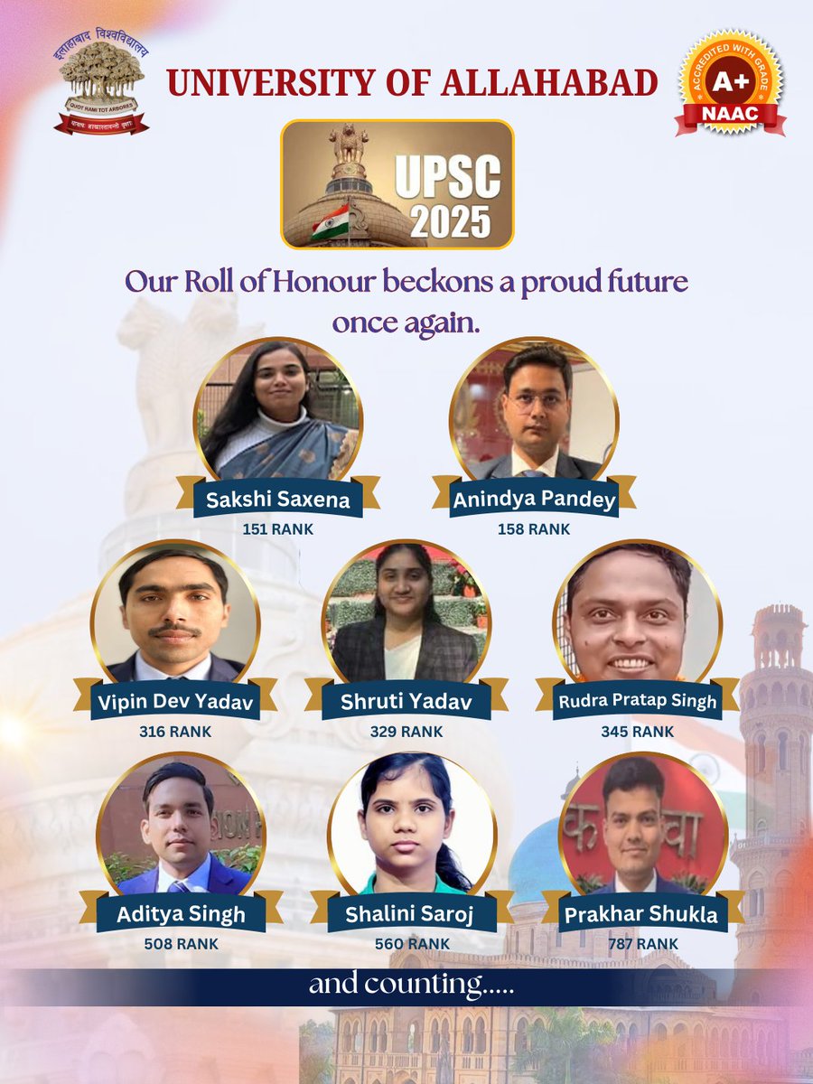 The University of Allahabad congratulates its alumni on their remarkable achievements in the UPSC 2025 results. Wishing them continued success ahead.
#UniversityOfAllahabad #UPSC2025 #UPSCResults #ProudMoment #AlumniSuccess #Prayagraj #UoA <a href="/ugc_india/">UGC INDIA</a> <a href="/EduMinOfIndia/">Ministry of Education</a>