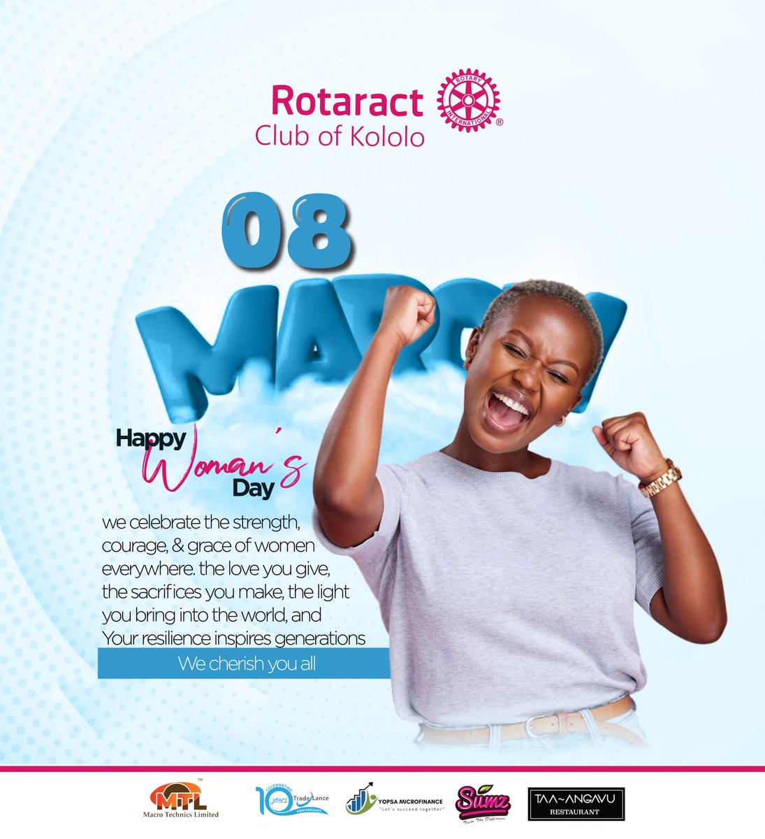 rotaractkololo's tweet photo. Happy International Womenโs Day! ๐
Today, we celebrate the strength, leadership, and impact of women making a difference in our communities every day.
#InternationalWomensDay #RotaractKololo #ServiceAboveSelf #PeopleOfAction
#WeAreRotaract #RotaryEyamba #UniteForGood
@Rotary @rotaryd9213
@rotaryd9214 @RotaryKololo @RotaractD9213 @RotaractD9214 @Rotaract9212