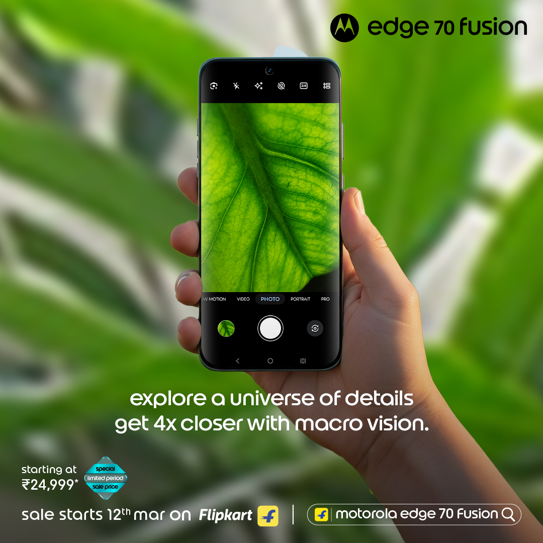 motorolaindia's tweet photo. Motorola edge 70 fusion has a powerful triple-camera system designed for versatility, clarity and confidence.

Sale starts 12th March on Flipkart, https://t.co/azcEfy2uaW and at leading retail stores.
Grab yours for just ₹24,999*

#MotorolaEdge70Fusion #CaptureBeyondTheOrdinary https://t.co/R8umEtwIpv