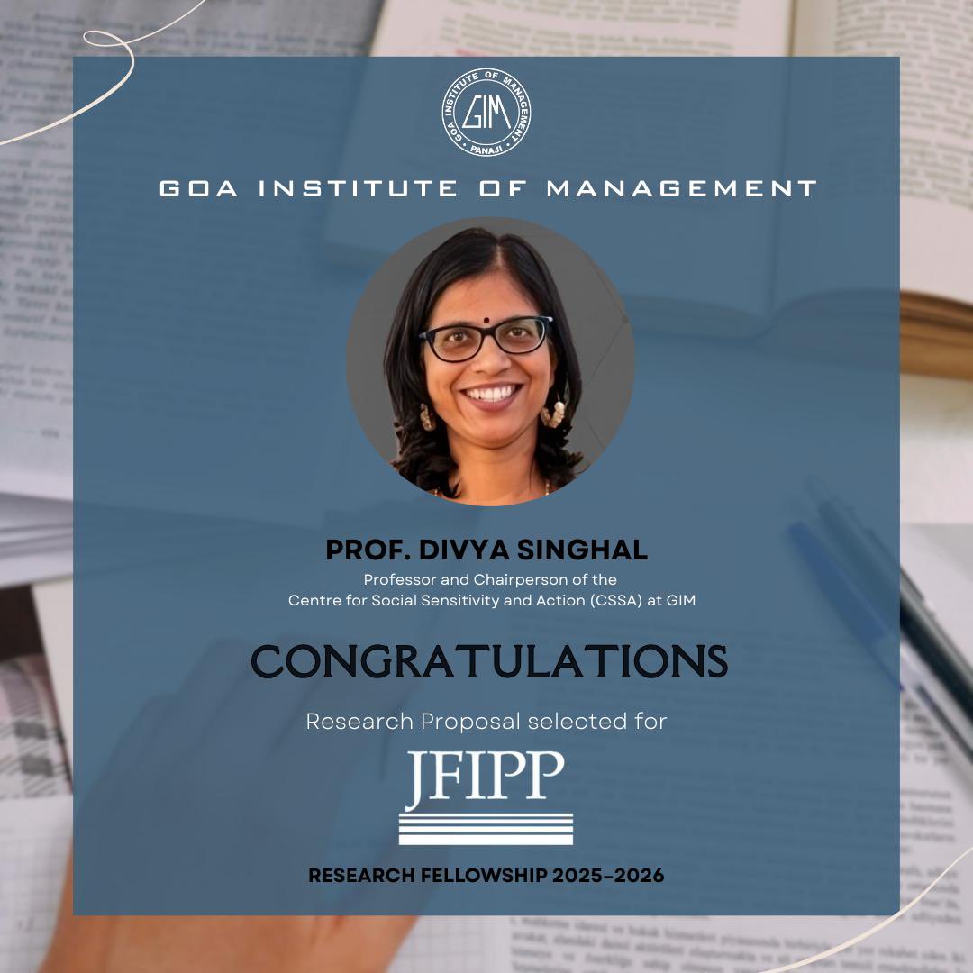 GIM_Sanquelim's tweet photo. #GIM congratulates Prof. Divya Singhal on being selected as a #JFIPP #Research Fellow for 2025-26. Her study will explore #women’s #leadership in #renewable #energy transitions across #India, #Japan & #Australia, and its role in shaping #policy for a fair Indo Pacific future. https://t.co/nzjG3BE83l