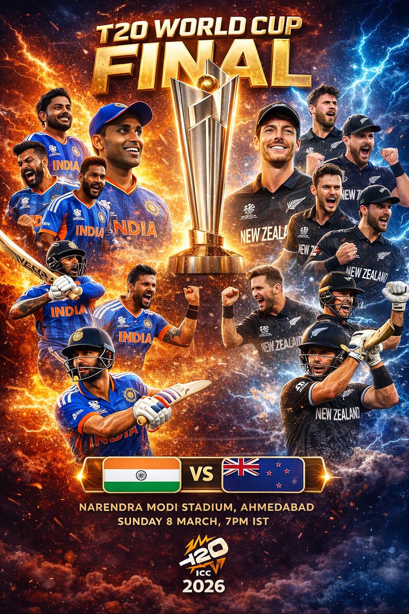 impeterkeith's tweet photo. 🏆 T20 WORLD CUP FINAL 2026

🇮🇳 India
🆚
🇳🇿 New Zealand

The battle for cricket glory begins!
Who will lift the trophy at the legendary Narendra Modi Stadium?

🔥 Power. Passion. Pride.
This is the FINAL.

📅 March 8 | ⏰ 7 PM IST

👇 Comment your prediction!

#t20worldcup2026 https://t.co/3uGhsQu60I