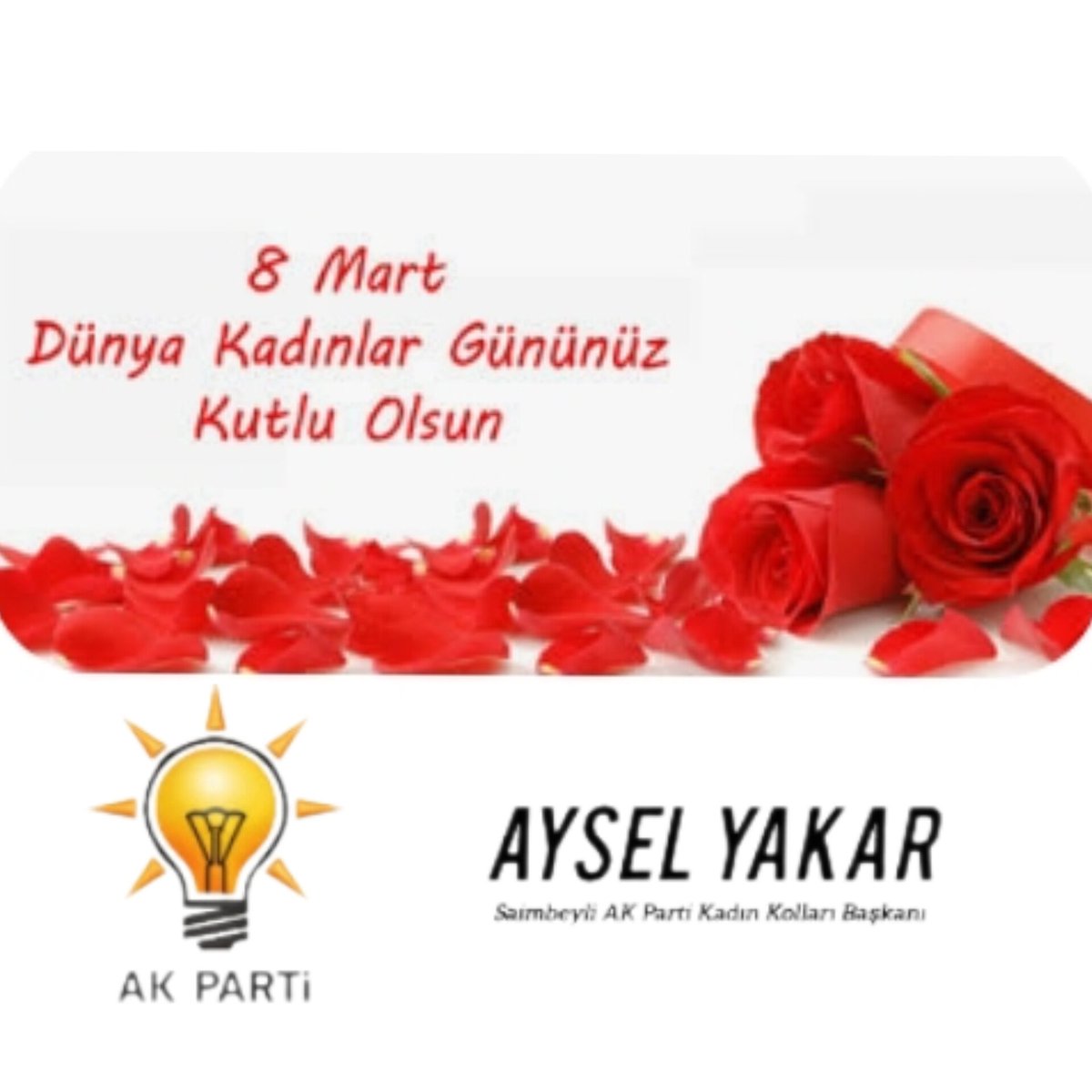 #8martdünyakadinlargünü
Sadece bugün değil, yılın 365 günü saygıyla ve sevgiyle...
Dünya Kadınlar Günün kutlu olsun🌹
<a href="/EmineErdogan/">Emine Erdoğan</a>
<a href="/tugbaisikercan/">Tuğba IŞIK ERCAN</a> <a href="/KaramikSunay/">Sunay Karamık</a> <a href="/Hacer_Soylemez1/">Hacer Söylemez</a> <a href="/YasemenYksel5/">Yasemen Yüksel 🇹🇷</a> 
<a href="/Akkadinadana/">AK Kadın Adana</a> <a href="/ayselykr/">Aysel Yakar</a>
<a href="/ak_saimbeyli/">AK KADIN SAİMBEYLİ 🇹🇷</a>