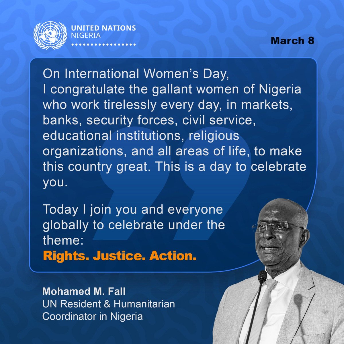 UN_Nigeria's tweet photo. ''Rights. Justice. Action. 
The power of women continues to shape our world
Happy #InternationalWomensDay'' @MohamedFall .
@BeatriceEyong 
@unwomenNG  
@muriel_mafico 
@UNDPNigeria https://t.co/lZYHYJ1gwx