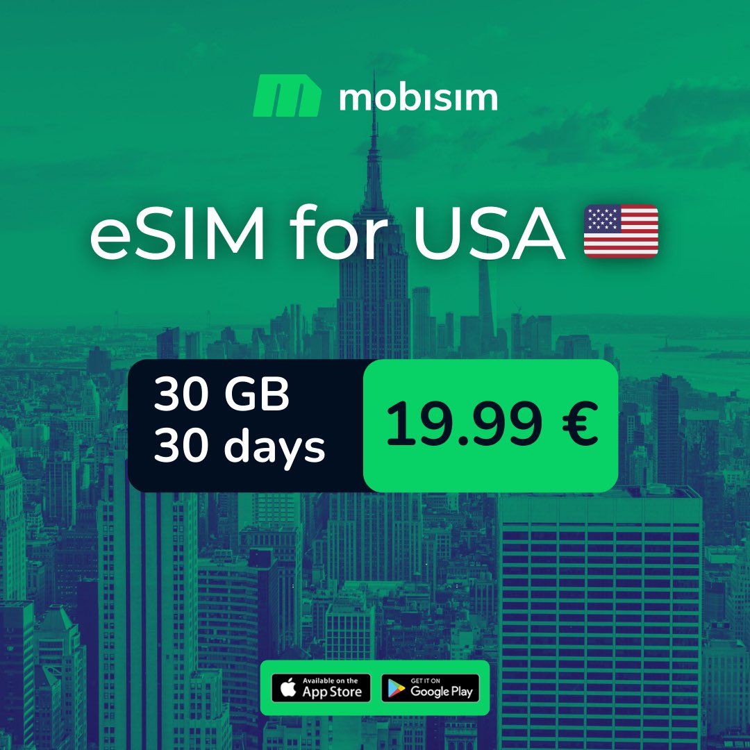 mobisimcom's tweet photo. Stay connected across the USA 🇺🇸 with MobiSIM.

Get 30 GB of fast data for 30 days for only €19.99. No roaming fees, instant activation, and reliable coverage wherever you travel. https://t.co/0bZlsvCuIa