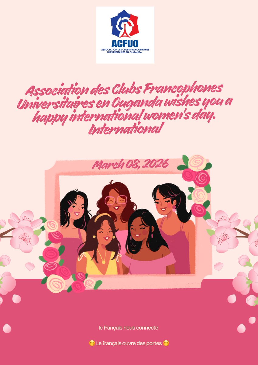 ACFUO1's tweet photo. Bonjour a tous! Empowering women, enriching lives! 🚺️ This Women's Day, Association des Clubs Francophones Universitaires en Ouganda celebrates the strength, resilience, and achievements of women everywhere. Here's to breaking barriers and building a brighter future #WomensDay https://t.co/Fuu9uQrjKI