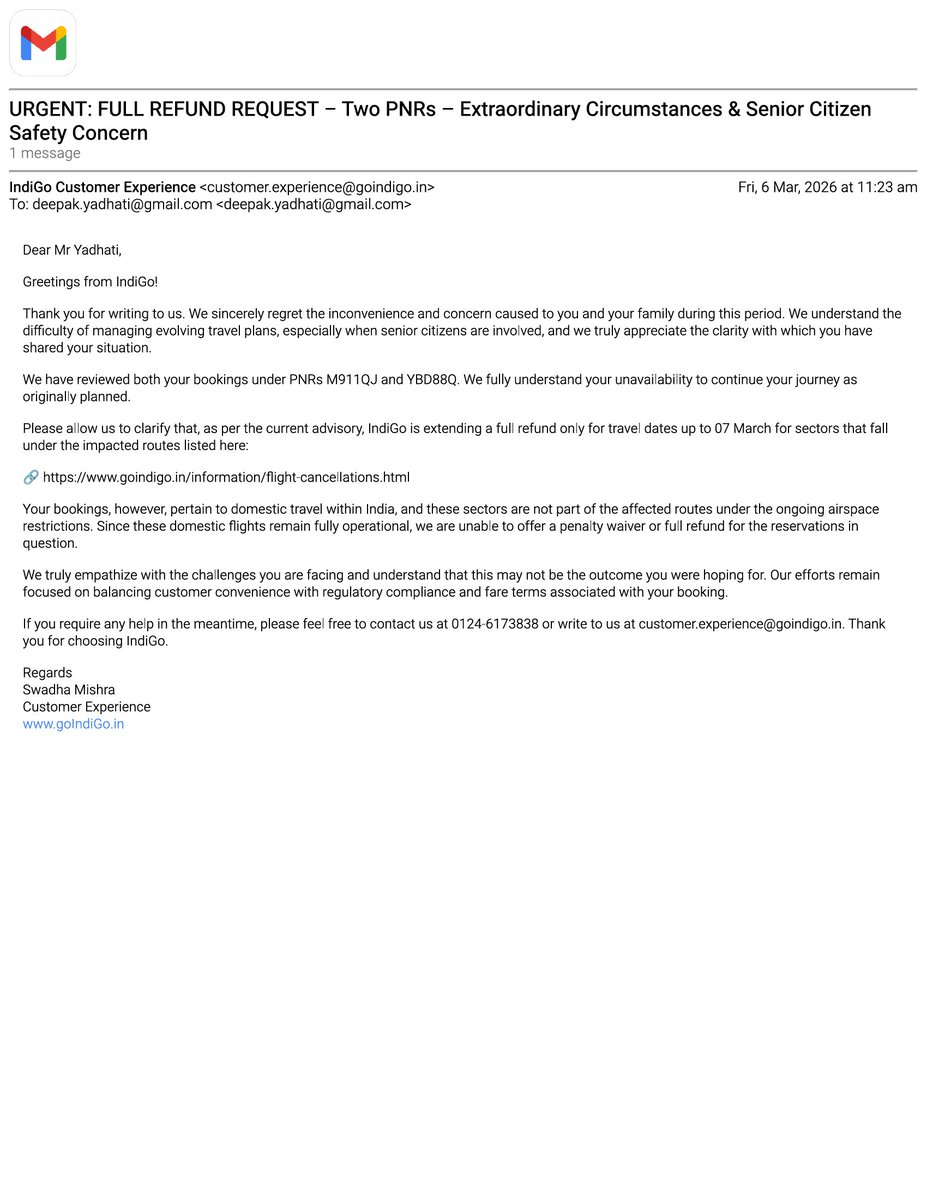 DYadhati's tweet photo. Urgent intervention needed @RamMNK @MoCA_GoI @IndiGo6E. Two 60+ senior citizens stranded due to UAE–Middle East conflict. PNRs YBD88Q &amp; M911QJ. Despite IndiGo’s advisory extending waivers till Mar 31, agents refuse Credit Shell for Mar 9 flight. Senior safety at risk. https://t.co/ijIIJhh9Yu