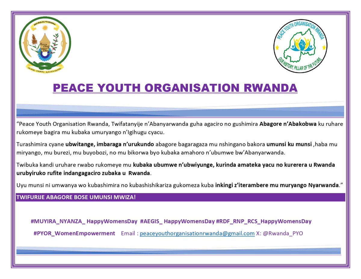 "twifatanyije n’Abanyarwanda gushimira abagore n’abakobwa ku bwitange,imbaraga n’urukundo bagaragaza mu nshingano bakora umunsi ku munsi mu kubaka umuryango n’Igihugu cyacu..."
Twifurije abagore bose umunsi mwiza!
#RDF_RNP_RCS_HappyWomensDay #PYOR_WomenEmpowerment #Muyira_Nyanza