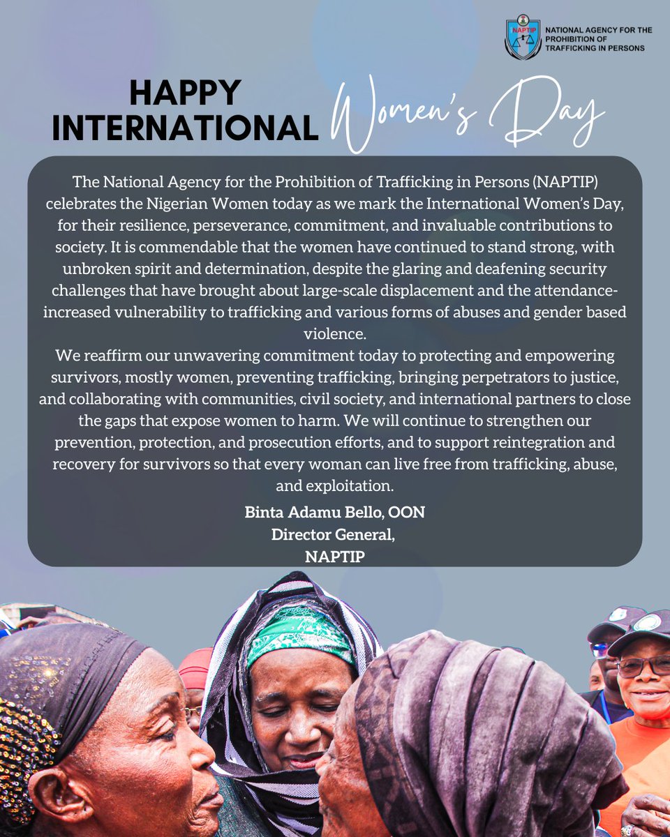 naptipnigeria's tweet photo. On this International Women’s Day, we celebrate the resilience, courage, and contributions of Nigerian women who continue to shape our communities and nation. We must protect women and girls from trafficking, exploitation, and abuse. https://t.co/iefQku2BgL