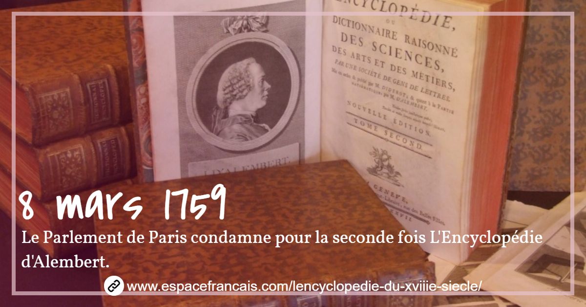 EspaceFrancais's tweet photo. #8mars 1759 : Le Parlement de Paris condamne pour la seconde fois L'Encyclopédie d'Alembert.
👉 https://t.co/imIGUMjNmf
#Paris #ParlementDeParis #Encyclopédie #DAlembert #Diderot #DenisDiderot https://t.co/3JqPzzeUAo