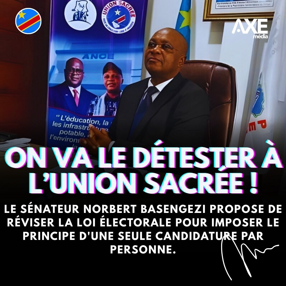 alainmwamba's tweet photo. Le sénateur Norbert Basengezi propose de réviser la loi électorale afin d’interdire les candidatures multiples à différents échelons pour une même personne.

En clair, un candidat ne pourrait plus se présenter à la fois aux municipales, aux provinciales, aux législatives nationales, au Sénat ou encore à la présidence de la République.

Lors des dernières élections en RDC, plusieurs figures de Union sacrée avaient multiplié les candidatures. L’ancienne vice-ministre de l’EPST, Aminata Namasia, avait notamment été élue députée provinciale, députée nationale et sénatrice. Par la suite, elle a également été nommée mandataire public.

Ce n’est pas la première fois que la proposition d’instaurer le principe de l’unicité des candidatures est avancée. Mais, comme les loups ne se mangent pas entre eux, elle a peu de chances d’aboutir.
#AXEmedia