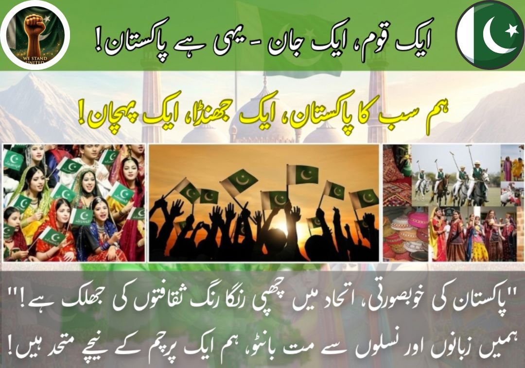 NeelumBugti's tweet photo. ایک قوم، ایک جان — یہی ہے پاکستان!
ہم سب کا پاکستان، ایک جھنڈا اور ایک پہچان۔
رنگا رنگ ثقافتوں کے باوجود ہم ایک پرچم تلے متحد ہیں۔ 
#Pakistan 
#OneNation 
#UnityInDiversity 
#PakistaniPride 
#OneFlag 
#NationalUnity 
#PakistanZindabad https://t.co/hs6CsDV5k5
