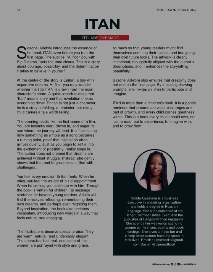 Title: ITAN
Author: Sasonel Adebiyi
Year of Publication: 2025
Number of Pages: 54
Category: Children’s Book
Go here to read the review: businessday.ng/bd-weekender/a…