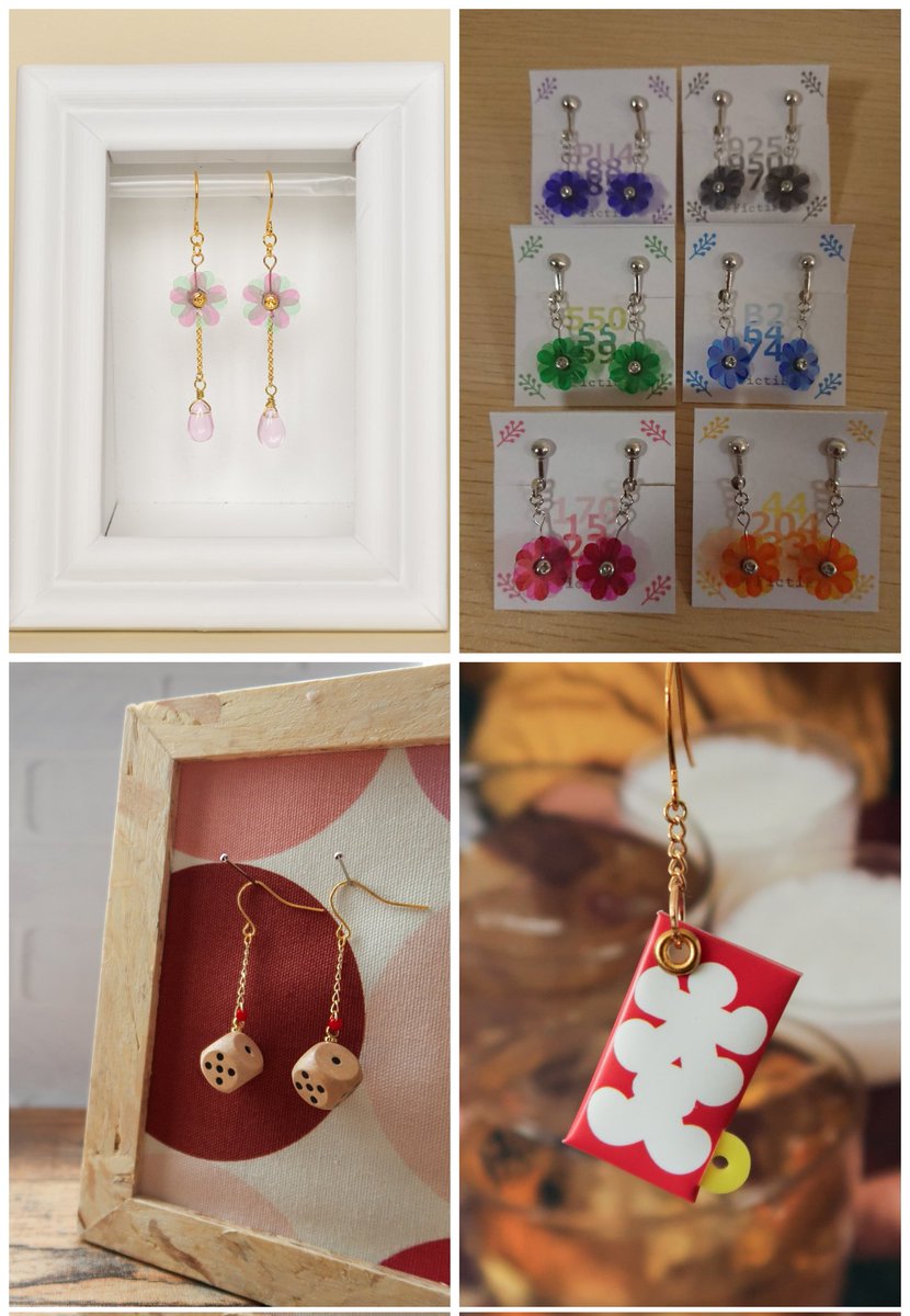 FictiF_handmade's tweet photo. コロナ禍から、舞台照明の端材を使ったアクセサリーや舞台モチーフのアクセサリーを作っています。

下北沢ミカン内“素今歩”のスペースで、
・「お花とネジのイヤリング」桜バージョン
・赤いビーズのサイコロピアス
・大入袋ピアス＆イヤリング
などを販売中🌸

#ハンドメイド好きな人と繋がりたい https://t.co/rJMcRJ54Kh