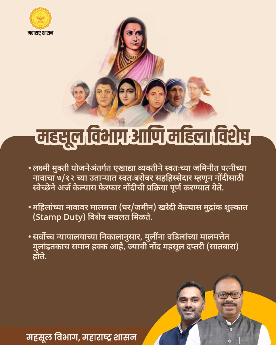 maharevenue's tweet photo. जागतिक महिला दिनाच्या महसूल विभागातर्फे सर्वांना हार्दिक शुभेच्छा!

#MaharashtraGovernment #RevenueDepartment #WomenEmpowerment #WomenRights #LaxmiMuktiYojana #PropertyRights #WomenInProperty #LandRecords #Satbara #WomenDevelopment https://t.co/MTFiciDsOU