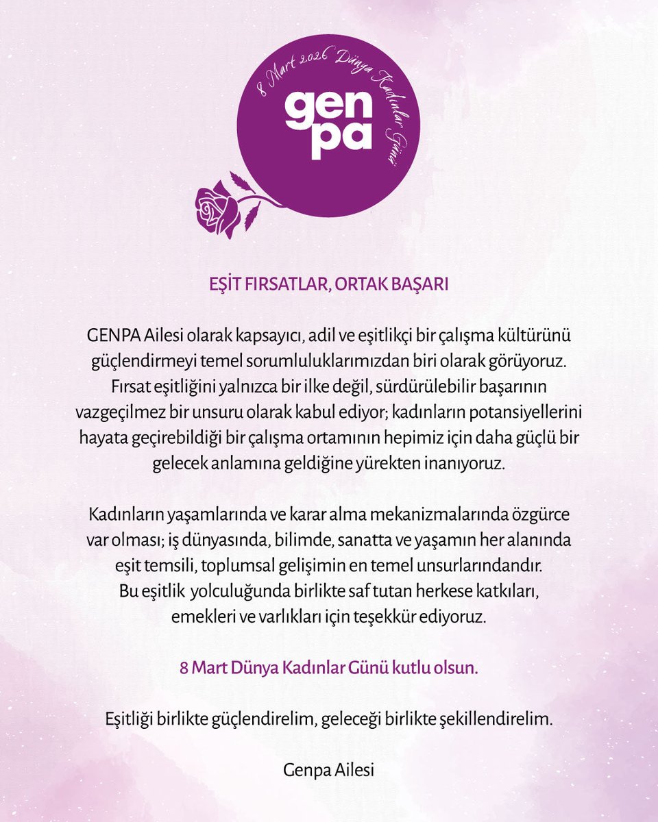 Eşitlik yolculuğunda birlikte saf tutan herkese katkıları, emekleri ve varlıkları için teşekkür ediyoruz.

#8Mart Dünya Kadınlar Günü kutlu olsun.💜

Eşitliği birlikte güçlendirelim, geleceği birlikte şekillendirelim.

Genpa Ailesi