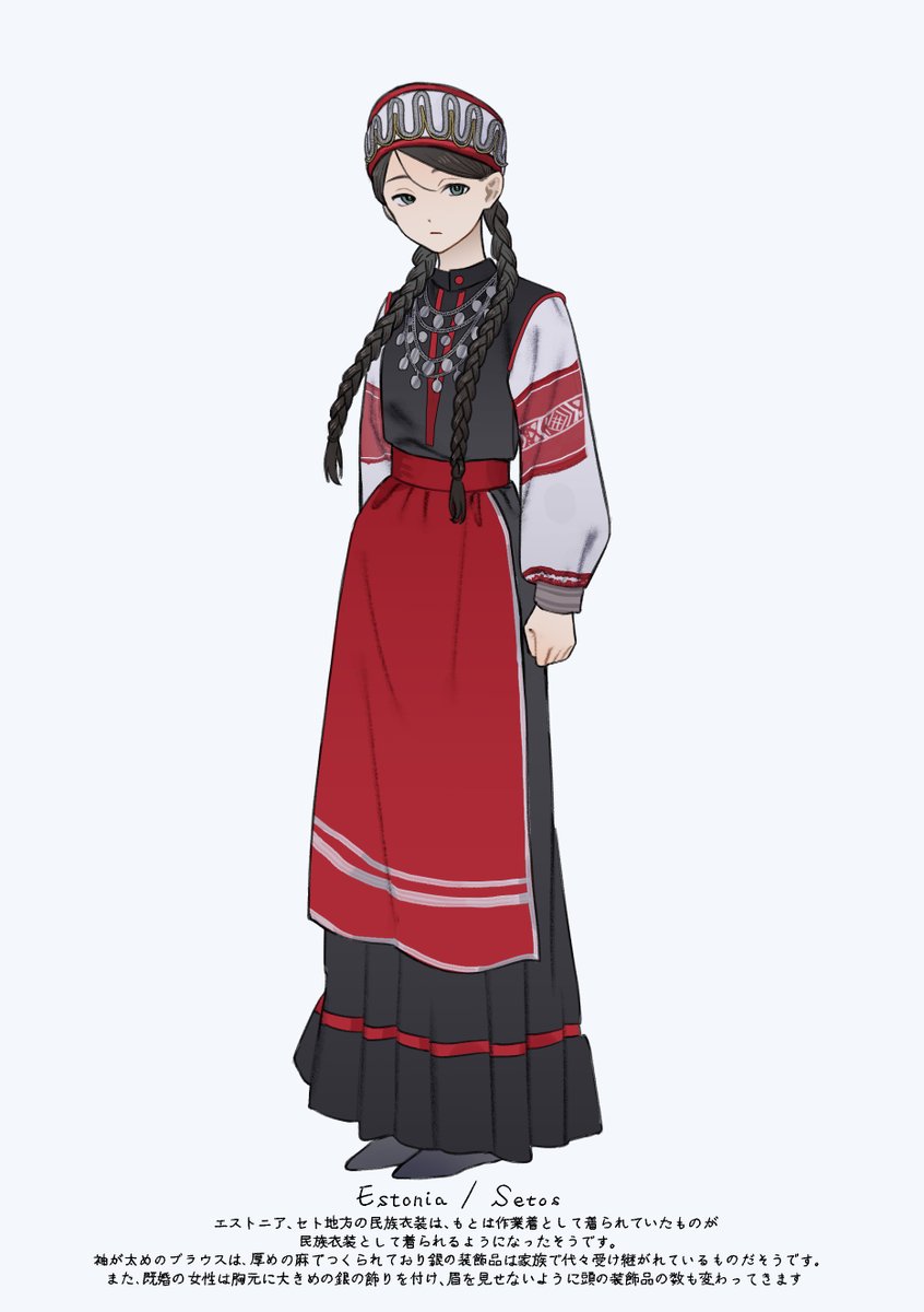 bun_omu's tweet photo. 世界の民族衣装／エストニア　セト地方

既婚の女性になると装飾品が増えたり、眉を見せないように頭飾りをつける工程が増えたりなど違いもあるみたいなのでそちらも描きたいです✎ https://t.co/cIICtHWyNk