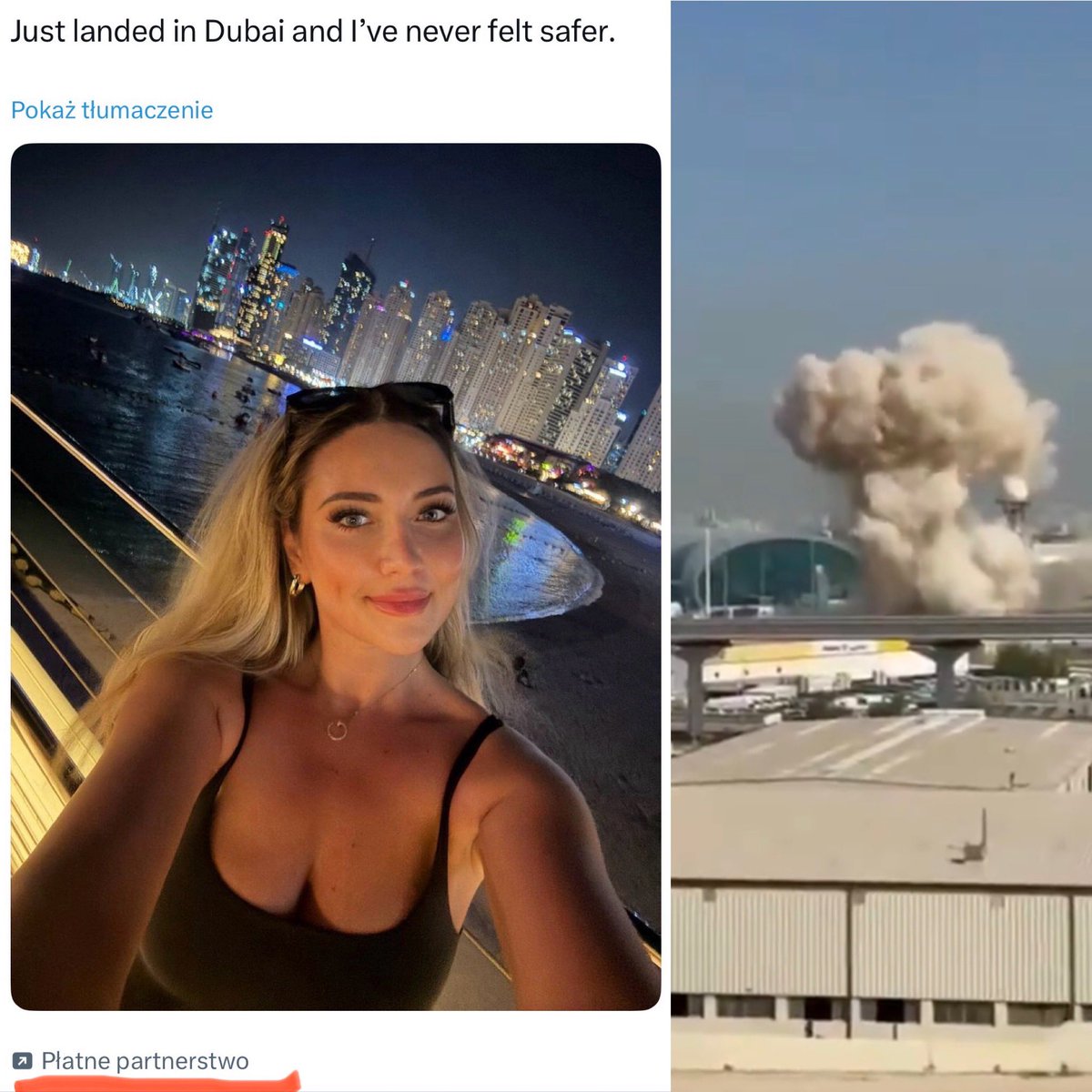 Influencerzy utknęli w Dubaju 🇦🇪 Nie przez wojnę. Przez pieniądze.

Iran kolejny dzień atakuje ZEA. Na niebie nad Palm Jumeirah widać smugi po przechwyconych rakietach. Luksusowy hotel i wieżowiec Marina 23 w ogniu. Lotnisko zamknięte. A część influencerów… zostaje. I namawia