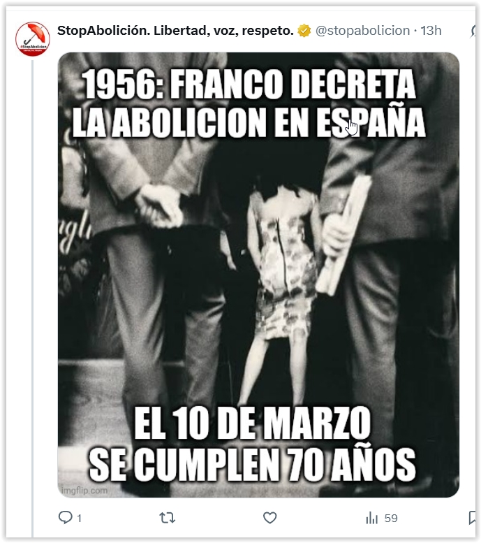 ¡Qué poca vergüenza!
Digo #8Marzo y me salen al instante los de <a href="/stopabolicion/">StopAbolición. Libertad, voz, respeto.</a> para reivindicar las bondades de la prostitución. Argumento:
«Franco abolió la prostitución».
Por lo tanto, la prostitución es buena, ¿verdad?
Pero es falso. Franco nunca abolió la prostitución.
Hilo >