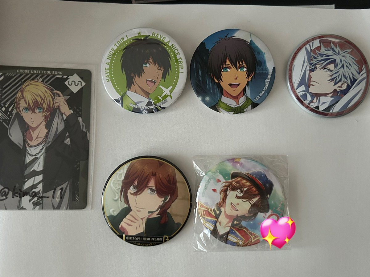 kima__11's tweet photo. 譲・交
うたプリ　缶バッジ

譲）画像の物
求）各300円（売れなければ値下げ）
💖は同種（翔）交換対象（嶺二、藍どちらかが翔と交換成立→300円求に変更）

ASSHC現地（21日）又は横浜駅手渡し（日程要相談）

学生のため大幅な値下げは考えておりません💦クリアポケットに入れてのお手渡しとなります https://t.co/zFOH6cbu1j
