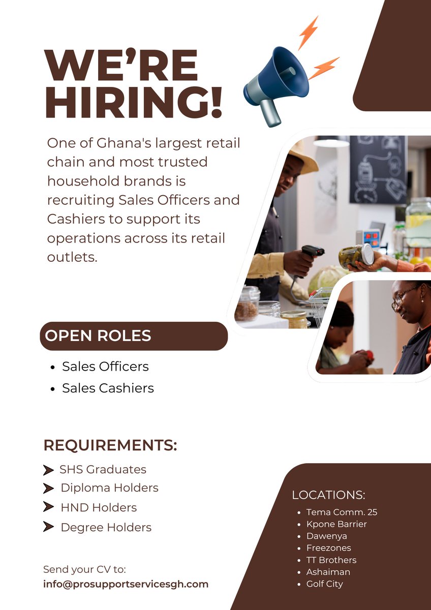 ProSupportgh's tweet photo. 📢 We’re Hiring:
SALED OFFICERS AND SALES CASHIERS
Requirements: SHS Grads, HND Grads, Diploma Grads and Degree Grads.
Apply: info@prosupportservicesgh.com
#Hiring #hrandadmin #GhanaJobs #accra #GhanaNews #obidi #jobsinghana Abu trica #vacanciesgh #accra #abutrica #Daavi https://t.co/JFY7zpAVwK
