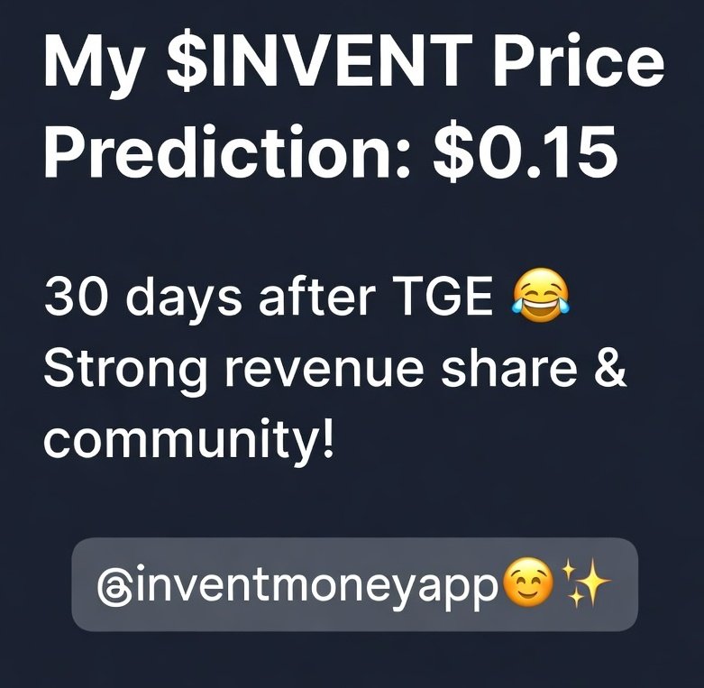 Perviz_Ciraqov's tweet image. "My prediction for the price of $INVENT thirty days after the TGE: $0.12
Strong revenue share + community growth will drive it here! 🚀 
@InventMoneyApp

#INVENT #InventMoney #PricePrediction #Crypto
