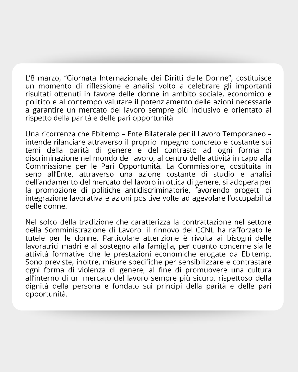 L’#8marzo di Ebitemp è fatto di impegni concreti. Con la Commissione Pari Opportunità e il nuovo #CCNL, tuteliamo le lavoratrici in somministrazione con sostegni alla maternità e misure contro ogni discriminazione. La parità è un diritto quotidiano.

Info: ebitemp.it/comunicato-8-m…