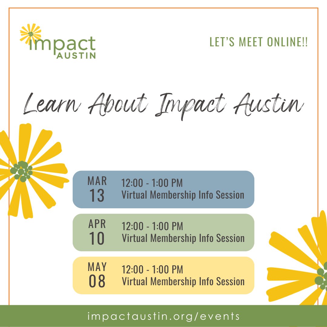 Impact Austin hosts a monthly virtual Membership Info Session. With your lunch in hand, and from the convenience of your desk (or the comfort of your favorite chair), join us online! Learn about our mission, how to join, and how you can engage as a member. impactaustin.org/events