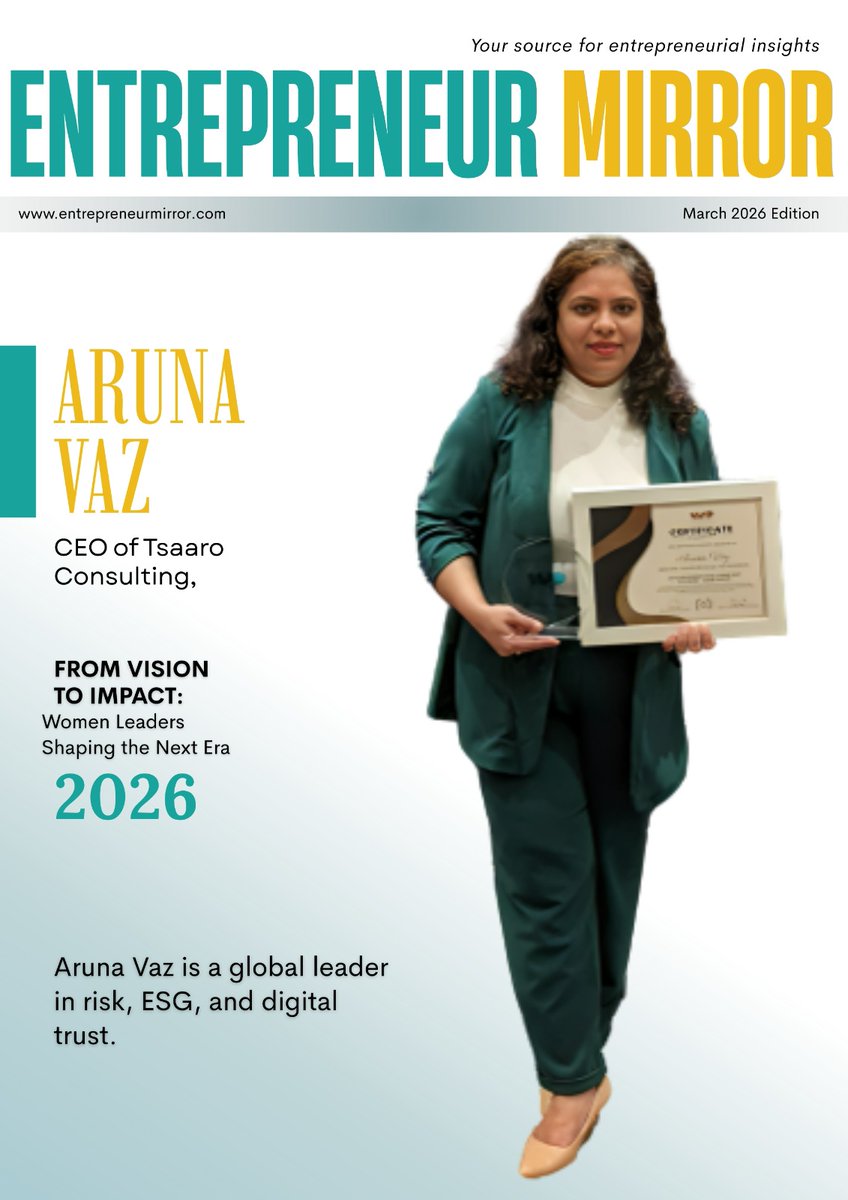 Empowering change across borders! 

🌍 Meet Aruna Vaz, CEO of Tsaaro Consulting, driving risk intelligence, ESG governance, and digital trust 
worldwide.

Read more: entrepreneurmirror.com/women-leaders-…

 #WomenLeaders #WomenInTech #Leadership #InternationalWomensDay