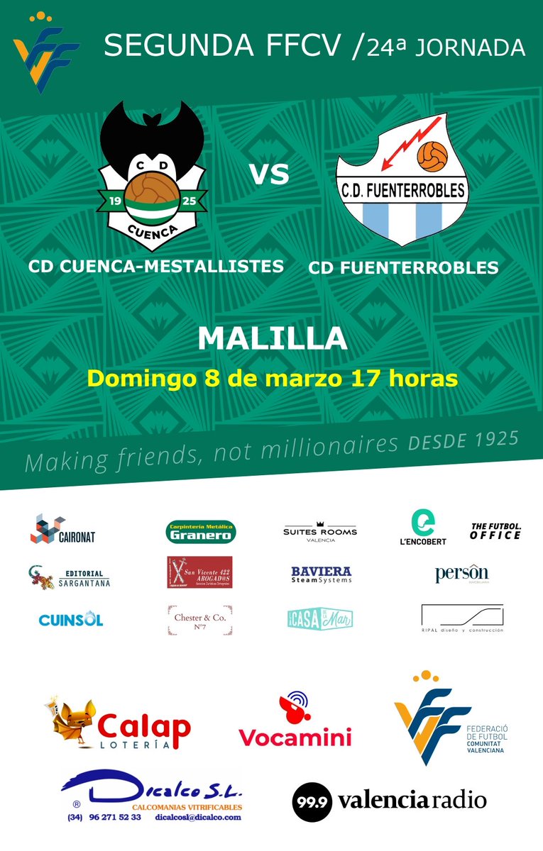 👉 ¡Tercer partido de la semana para nuestro masculino!

⭐ Segunda FFCV Grupo 4
👉 CD Cuenca-Mestallistes 1925 🆚️ CD Fuenterrobles 
📆 Domingo 8 de marzo 
⌚ 17 horas
🏟 Malilla

#SomMestallistes100 ⚪💚🦇
#MestallistesenSegundaFFCV