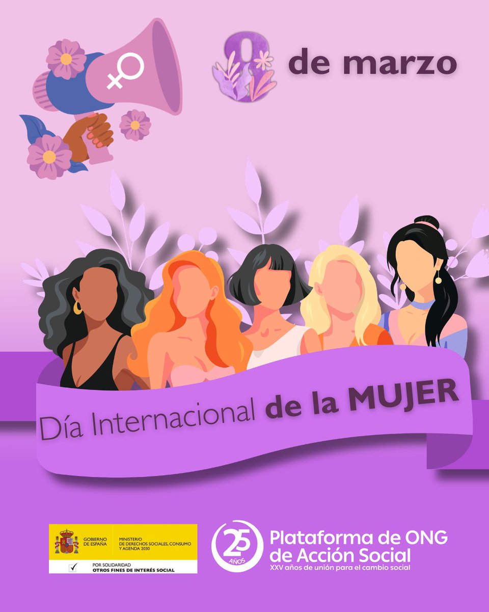 PlataformadeONG's tweet photo. ¡Hoy alzamos la voz más fuerte que nunca! 💪💜
En este #8M, desde la #PlataformaDeONG ponemos en valor a las mujeres que impulsan el cambio social, que son líderes y motor para lograr una sociedad con una igualdad real! ✊✨
#DíaDeLaMujer #ONGqueTransforman #Impacto3Sector https://t.co/1Vgv2GS3uj