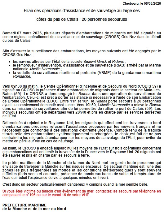Image de Préfecture maritime Manche et mer du Nord - [#Opérations] d'assistance et de sauvetage au large des côtes du pas de Calais : 20 personnes secour
