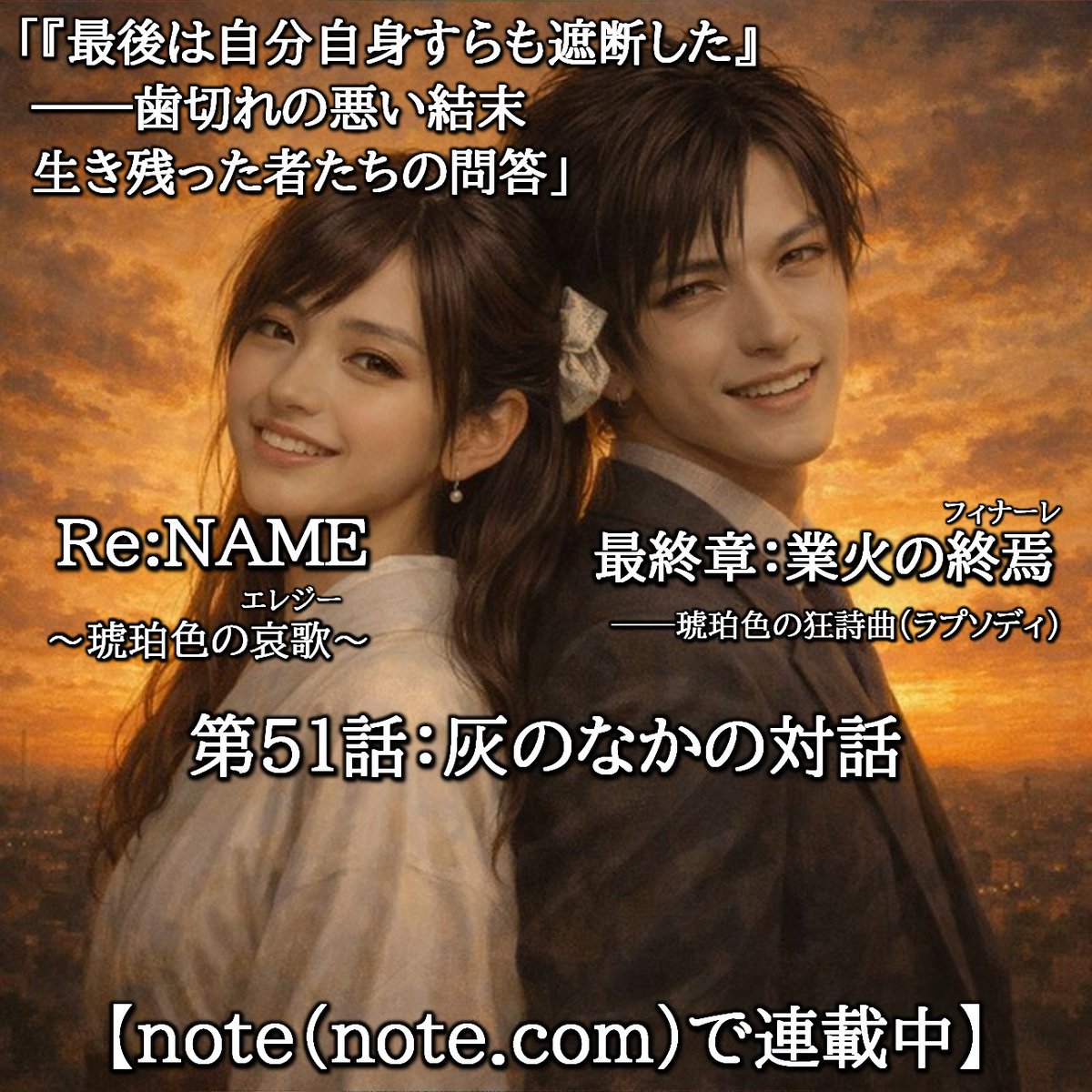 myhs2012's tweet photo. 「『最後は自分自身すらも遮断した』――歯切れの悪い結末。生き残った者たちの問答」

長編サスペンス小説「Re:NAME ～琥珀色の哀歌～」
最終章：業火の終焉 ――琥珀色の狂詩曲
第51話：灰のなかの対話
※「note」で連載中
https://t.co/rdhirf7bOl

#note #小説 #サスペンス #リネーム #琥珀色 #哀歌 https://t.co/adlrMcyd4n