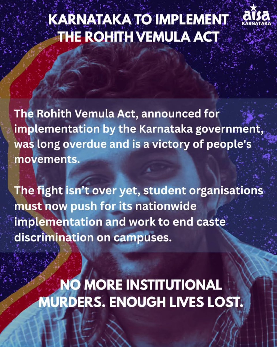 Karnataka to implement the #RohithVemula act to protect students from getting discriminated against based on their caste on campus. No more institutional murder! We've had enough.
