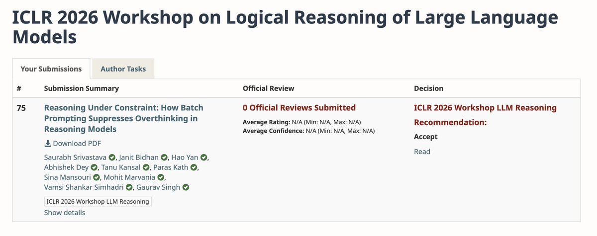 JanitBidhan's tweet photo. LLMs don’t just hallucinate—they overthink. 🧠

Our ICLR 2026 paper shows how "reasoning spirals" kill latency. The fix? Batch Prompting.

📉 ~76% token reduction 
📉 Less hedging/tangents 
📈 Same accuracy

Paper: https://t.co/sIBgr5dP0m
#AI #ICLR #NLP https://t.co/exI3egKM3m
