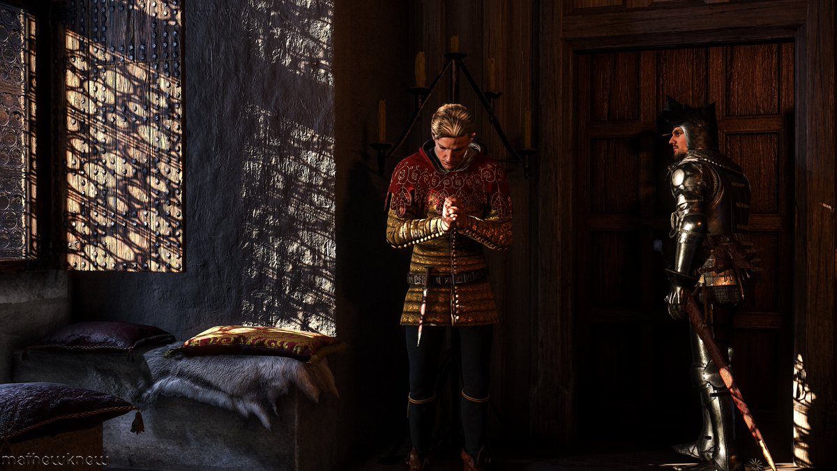 mathewknew's tweet photo. Feeling inspired, I tried staging in-game this beautiful artwork by @WarhorseStudios Art Director, Viktor Höschl, though replaced the lady subject with Sir Hans. https://t.co/XwMlvIYWW6