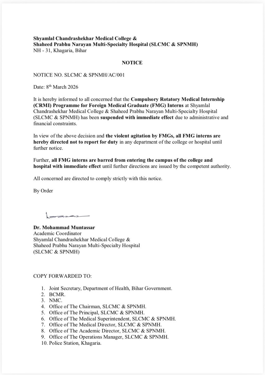 official_aimsa's tweet photo. The sudden suspension of the Compulsory Rotatory Medical Internship (CRMI) programme for Foreign Medical Graduates (FMGs) at Shyamlal Chandrashekhar Medical College & Shaheed Prabhu Narayan Multi-Specialty Hospital is extremely concerning. Hundreds of young doctors who have already gone through years of struggle to complete their medical education are now facing uncertainty about their future.

Administrative and financial constraints cannot become a reason to halt internships and bar FMG interns from entering the campus. Such decisions directly affect the careers, training, and mental well-being of these graduates who are ready to serve the healthcare system.

We urge the authorities and the National Medical Commission and Ministry of Health and Family Welfare to intervene immediately, resolve the issue, and ensure that FMG interns are allowed to continue their CRMI without further delay. 
The future of young doctors must be protected.

@NitishKumar @aajtak @ZeeNews @News18Bihar @mangalpandeybjp @MoHFW_INDIA @JPNadda #Medical
#Healthcare
#Medicine
#MedicalLife
#MedLife
#MedicalStudent
#DoctorLife
#FutureDoctor
#HealthcareWorkers
#MedicalCommunity