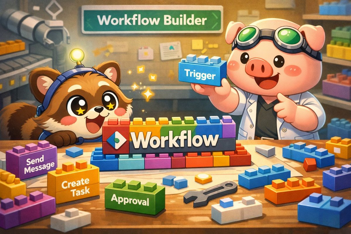 pnk2_tech's tweet photo. 🦝「Bot作るのも楽しいけど、プログラム書かずに簡単な自動化できないのかな？」

非エンジニアの友だちも使いたいって！

🐷「それが"Workflow Builder"だよ」

ノーコードでSlack自動化が作れる機能なんだ。

1/7
#Slackアプリ入門
#第9回
#ノーコード 
#workflowbuilder https://t.co/KriA55Qixi