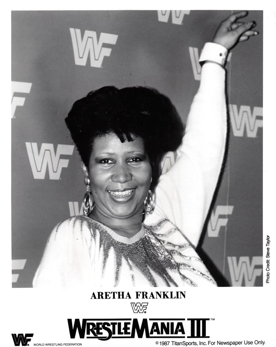WWFWrestling1's tweet photo. Publicity prints featuring two of the WrestleMania III guest stars, Aretha Franklin and Mary Hart. #WWF #WWE #WrestleMania #MaryHart #ArethaFranklin https://t.co/N3vB7BU2ml