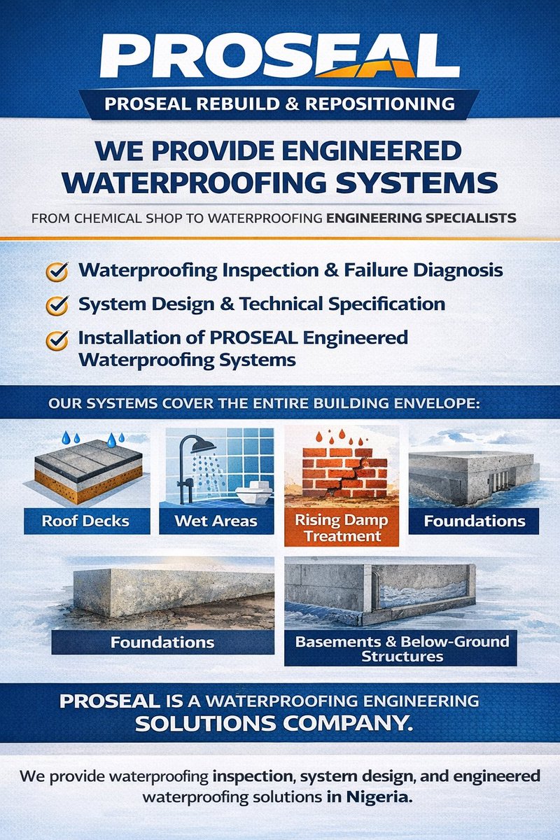 We’re transitioning from selling waterproofing chemicals to delivering engineered waterproofing systems.
Inspection • System design • Installation. Roofs,basements, foundations &amp; damp treatment.
We provide inspection,system design &amp; engineered waterproofing solutions in Nigeria