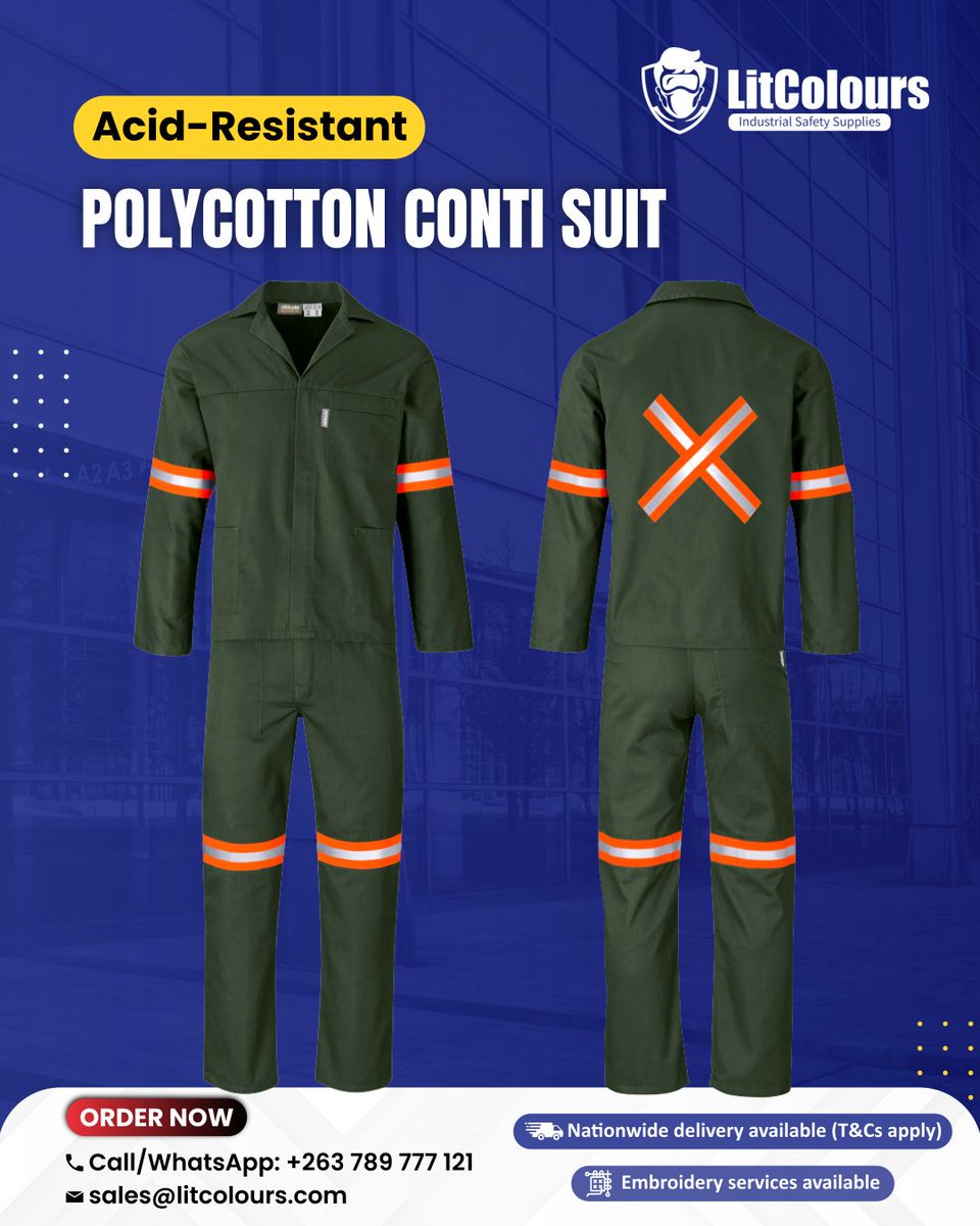 AVAILABLE - Acid resistant polycotton conti suit with reflective arm &amp; legs – yellow/orange tape

Stay protected while you work!!

Call/WhatsApp: +263 789 777 121 
📍 Room FFG, Oasis Mall, 12 Herbert Chitepo Street, Mutare