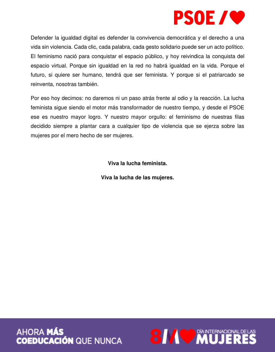 🌹 Hoy, #8M, reivindicamos q la #Igualdad entre mujeres y hombres sigue siendo una tarea imprescindible xra la democracia.
Frente al machismo y los discursos q pretenden retroceder en derechos, defendemos + feminismo, + coeducación e igualdad en el mundo digital.
 #Arroyomolinos