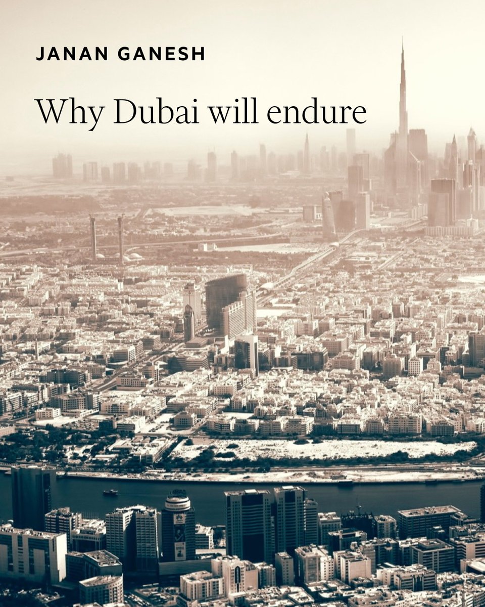 FT's tweet photo. London can withstand anything: the Great Fire, the Blitz, the films of Richard Curtis, the pandemic. Dubai is a house of cards. 

So why, even as expats flee it, does Janan Ganesh expect it to keep standing? https://t.co/42gF90iz8K https://t.co/wH7oIV2e1v